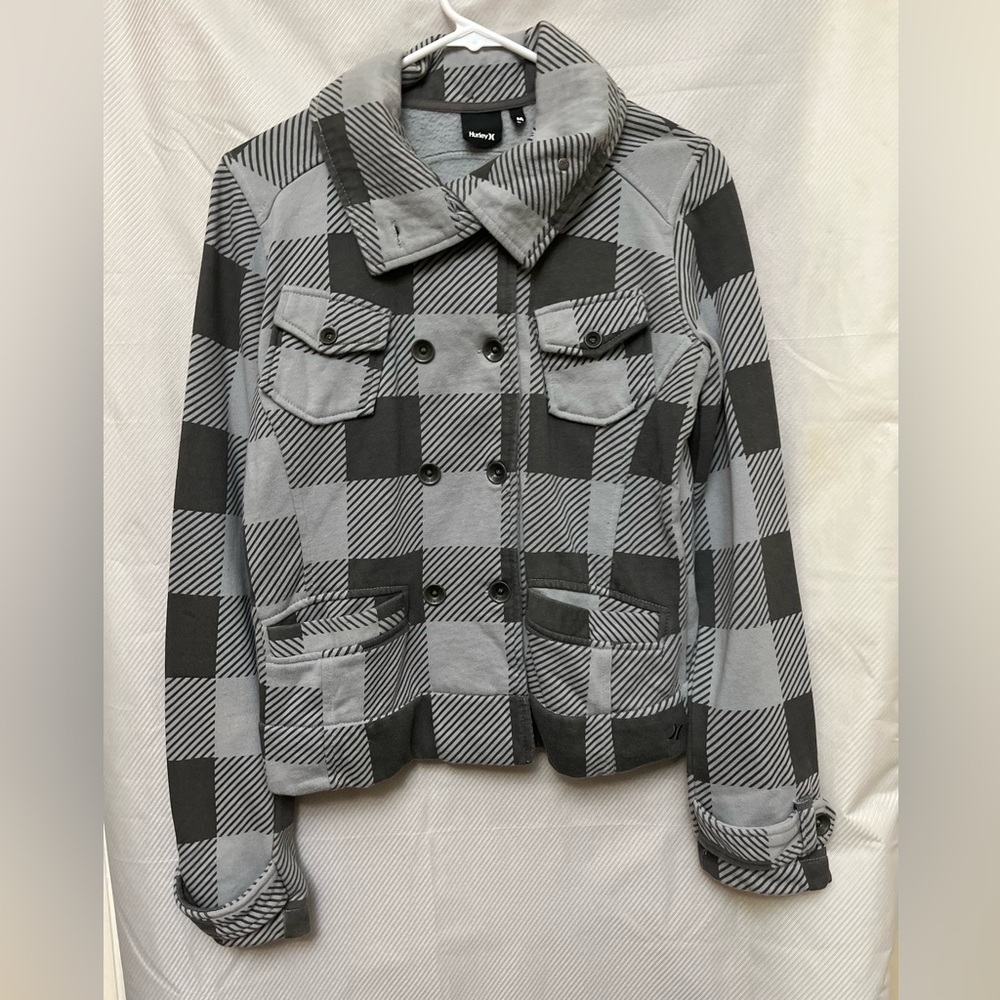 . Gray and Black Plaid Double-Breasted Jacket M. Winter